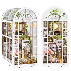 TOYQI Book Nook Kit coffee shop front with warm LED lighting for bookshelf decor.