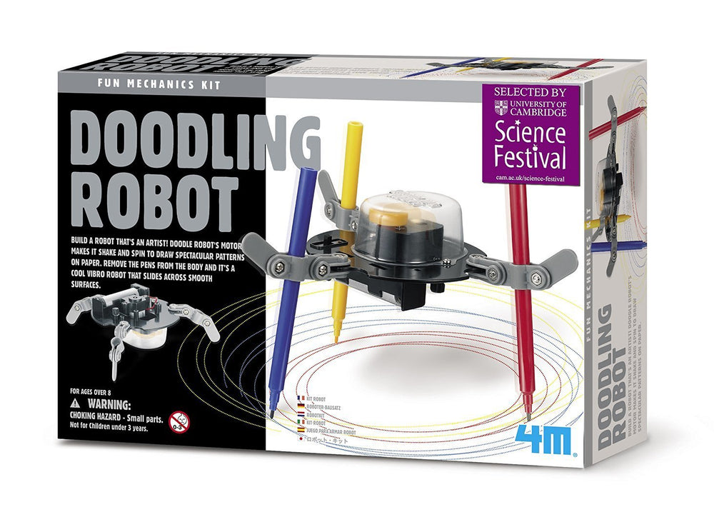 Toysmith 4M Doodling Robot during assembly with simple drawing ideas for 8 plus kids.