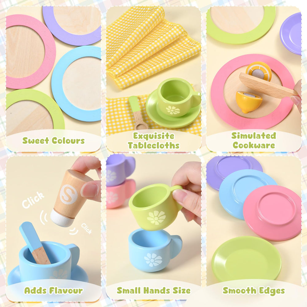 Colorful Toyssa wooden plates and cups spark playful dining experiences.
