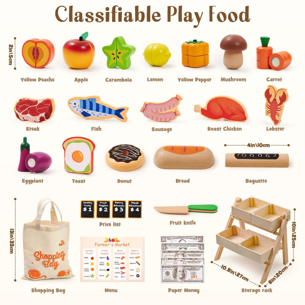 Toyssa display shelf for play food keeps kids organized during pretend shopping.