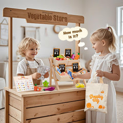 Toyssa magnetic cutting knife enables safe slicing in interactive kitchen role play.
