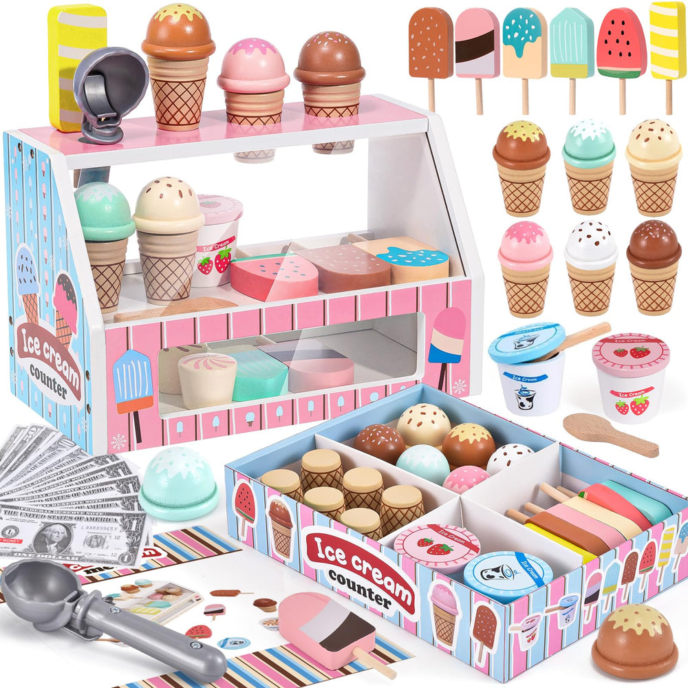Toyssa wooden ice cream stand with colorful cones for imaginative play and pretend shop skills.