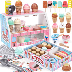 Toyssa wooden ice cream stand with colorful cones for imaginative play and pretend shop skills.