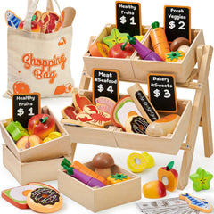 Toyssa wooden play food collection for imaginative meals and sorting practice.