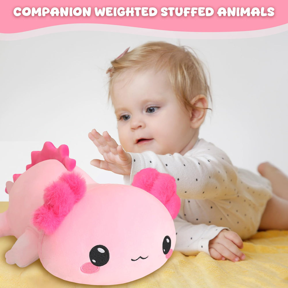 TOYSYM axolotl weighted plush, car ride companion, compact and travel-friendly.