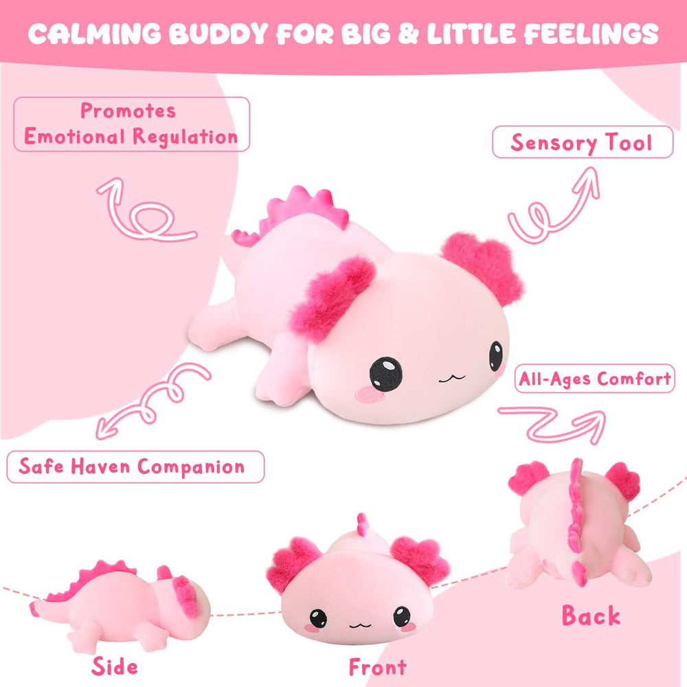 TOYSYM axolotl weighted plush cuddling scene for cozy moments and bedtime.