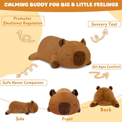TOYSYM capybara weighted plush in bed scene suggests portable comfort for travel