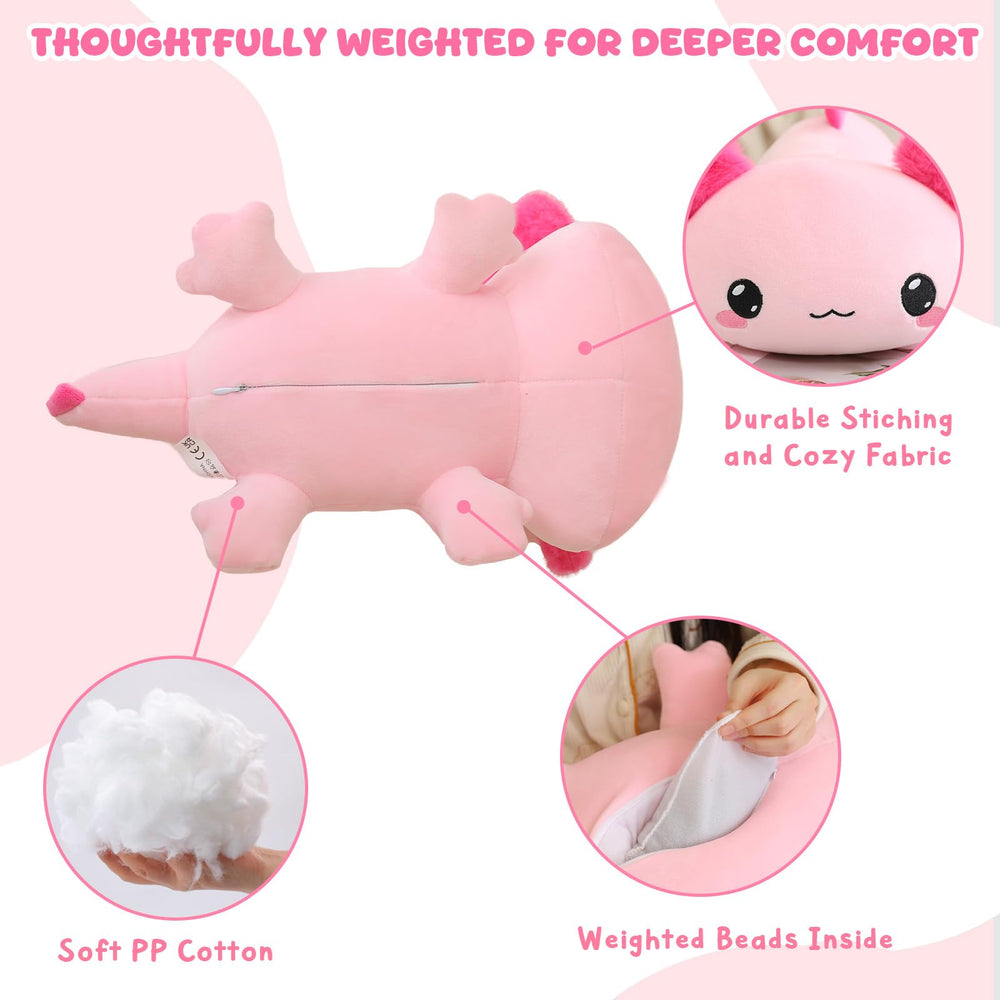 TOYSYM weighted axolotl plush used as a pillow for cozy bedtimes.