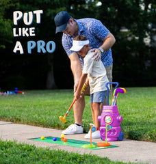 ToyVelt Toddler Golf Set rolling cart for quick cleanup.