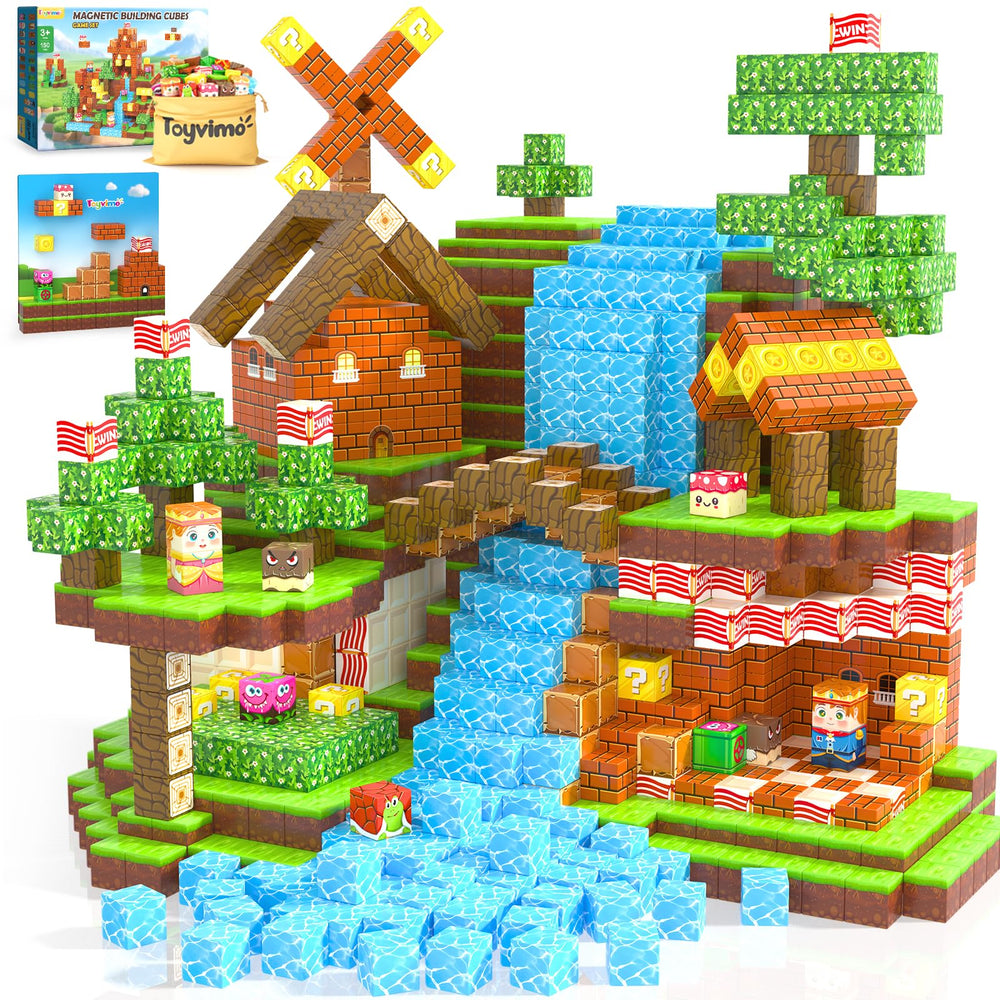 Toyvimo 150 magnetic blocks on table forming a tall tower for imaginative STEM play