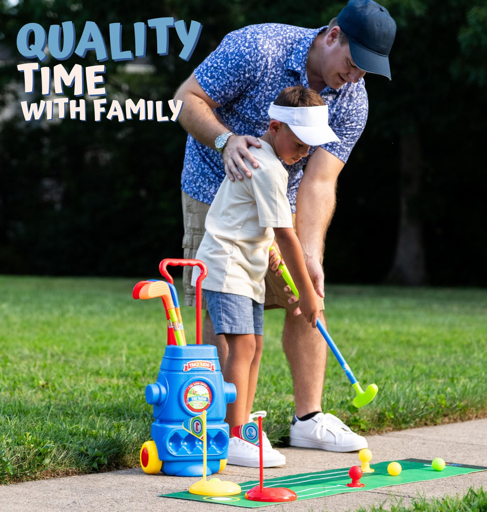 ToyVelt Toddler Golf Set blue rolling cart for organized cleanup