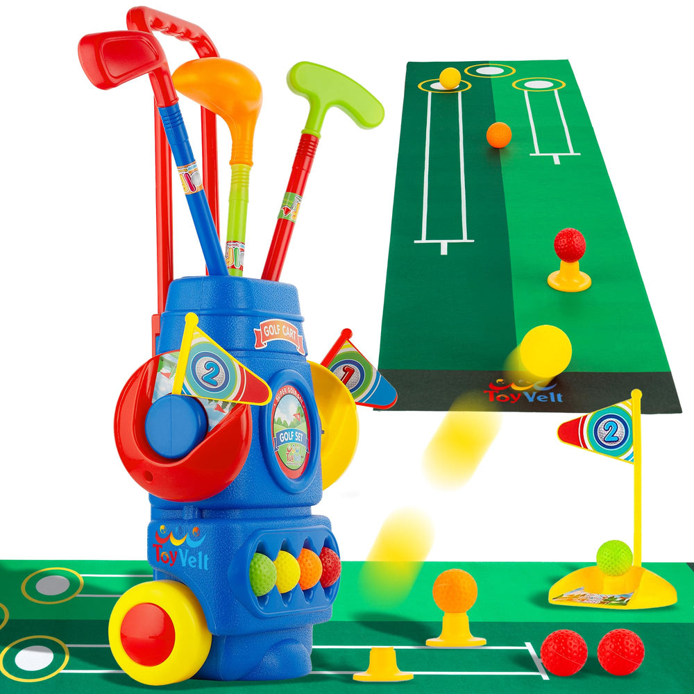 ToyVelt Toddler Golf Set blue full view shows complete kit for versatile playtime