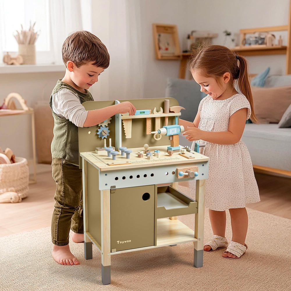 Toywoo Kids Tool Set kids at workbench enjoying cooperative STEM play