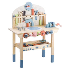 Toywoo tool bench for kids with wooden structure and interactive tools for play.