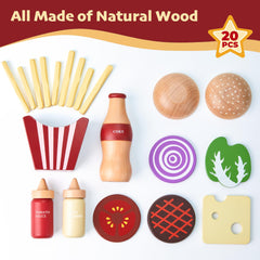 Toywoo wooden meat patty and cheese pieces enhance storytelling and sequencing
