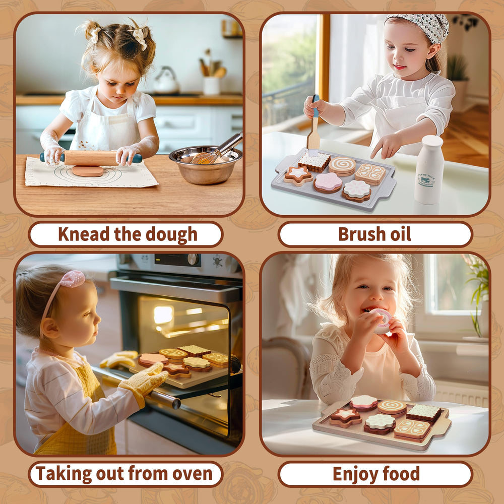 Toywoo wooden kitchen accessories inviting creative cooking and fine motor practice.