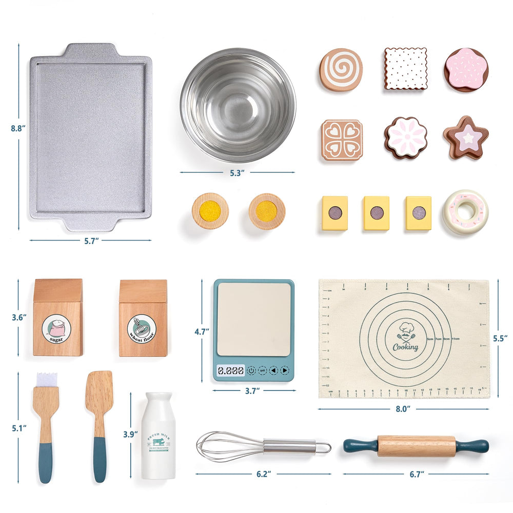 Toywoo wooden play food with milk and cookies for imaginative baking play.