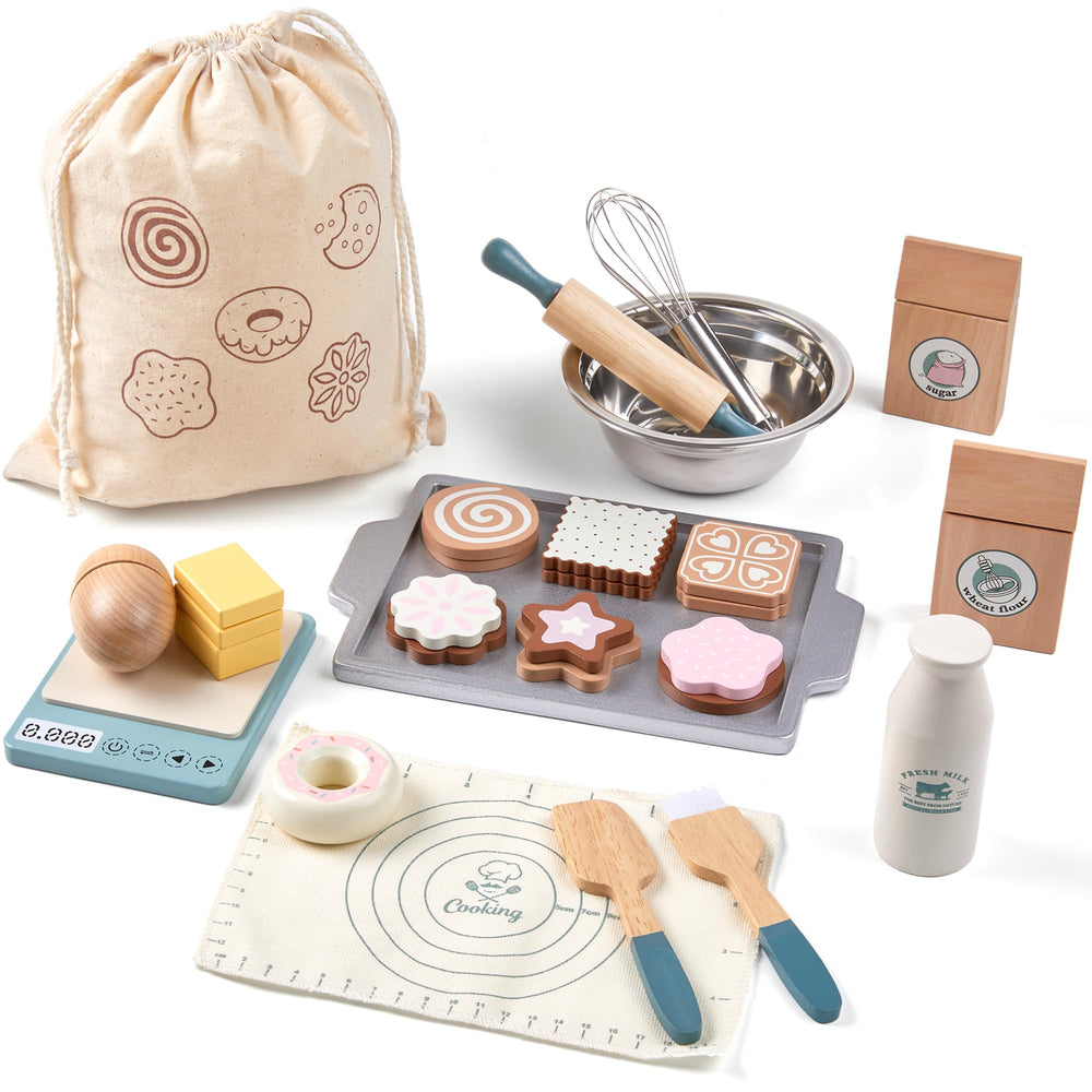 Toywoo wooden play food set with whisk and pan for creative pretend cooking.
