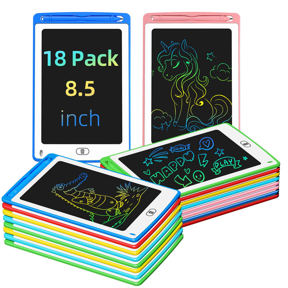 TQU 18-pack LCD writing tablet for kids, front view with bright colors for doodling.
