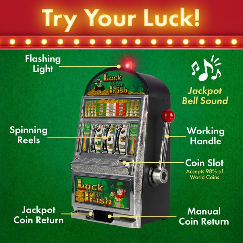 Trademark Poker Luck of the Irish slot side-angle showing functional handle and wide reels for authentic play.