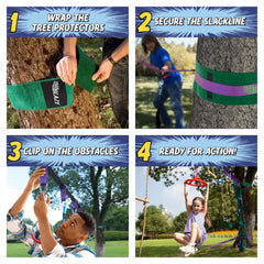 Trailblaze Ninja Warrior tree-protectors: safer setup by shielding trunks during play.