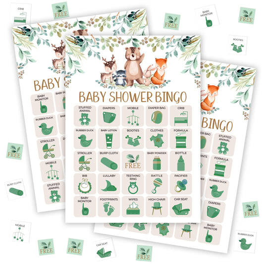 tranfvging baby shower bingo cards with playful patterns for group party fun.