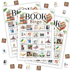 Tranfvging book bingo cards with colorful bookshelf patterns for engaging group play