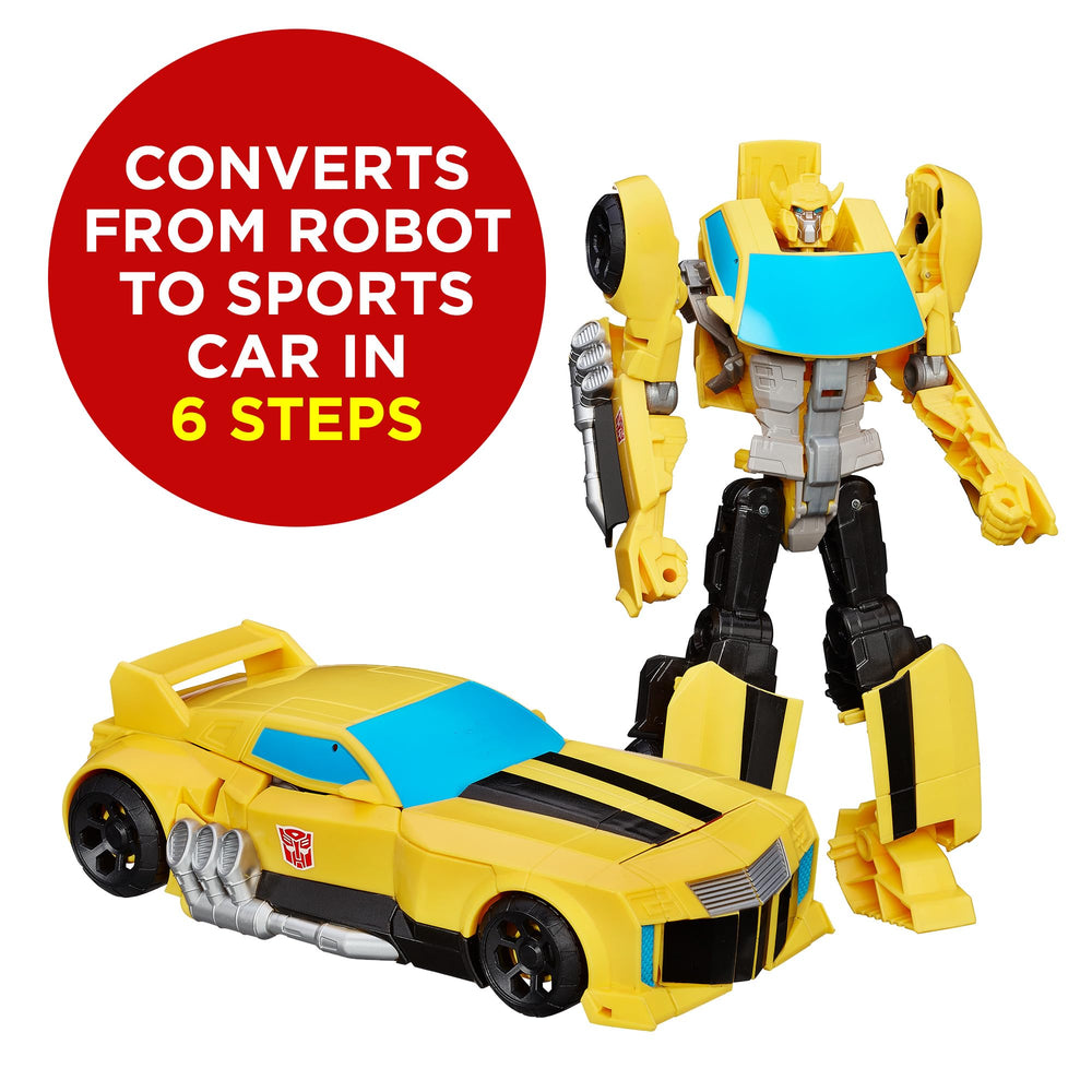 Bumblebee yellow car mode shown for quick, kid-friendly transformation