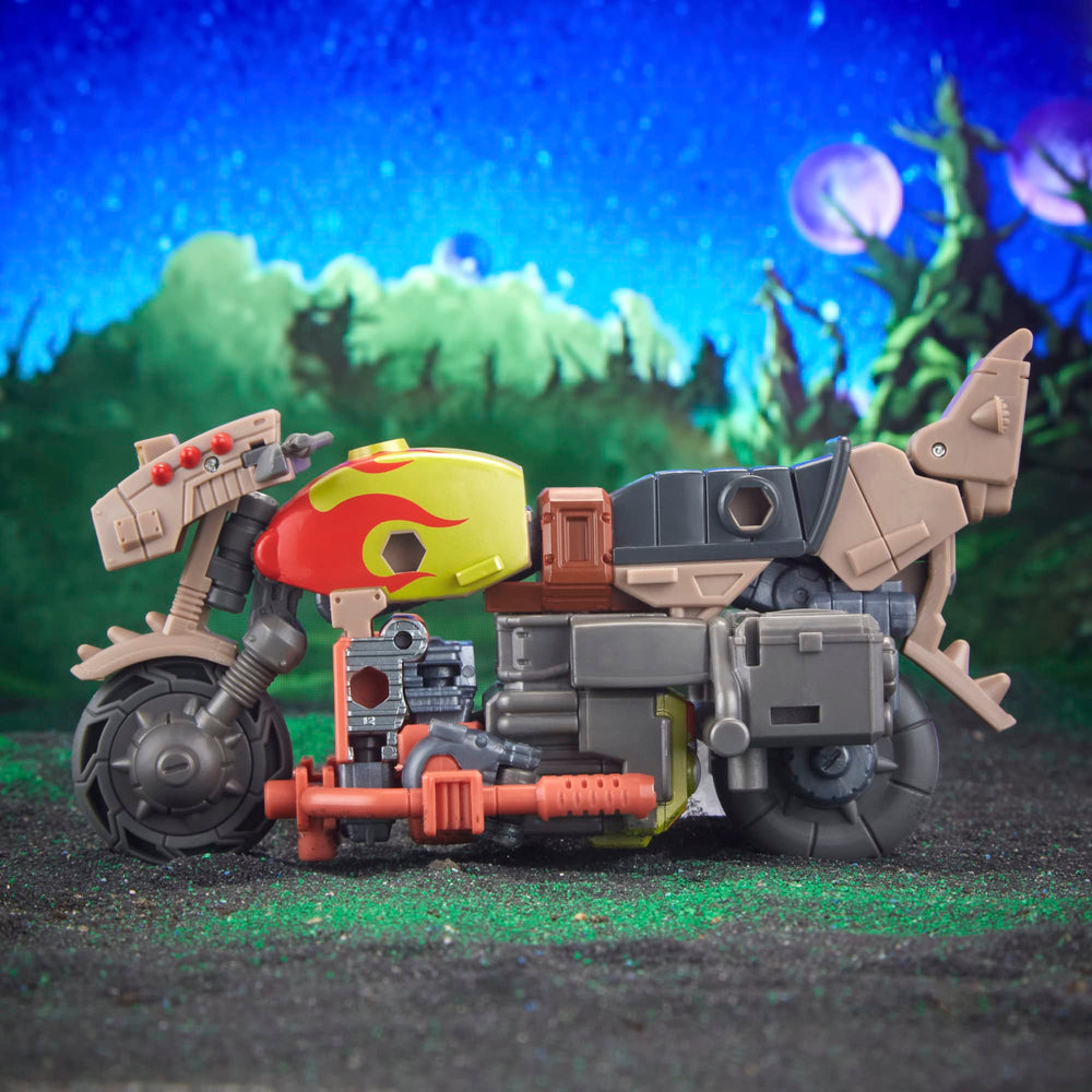 Transformers Crashbar in an action pose with other Legacy figures for battles.