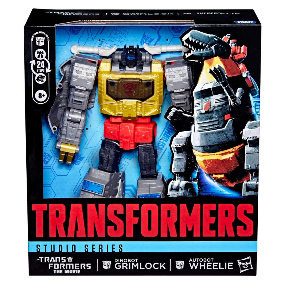 Transformers Dinobot Grimlock with Autobot Wheelie seated on top, adds playful display.