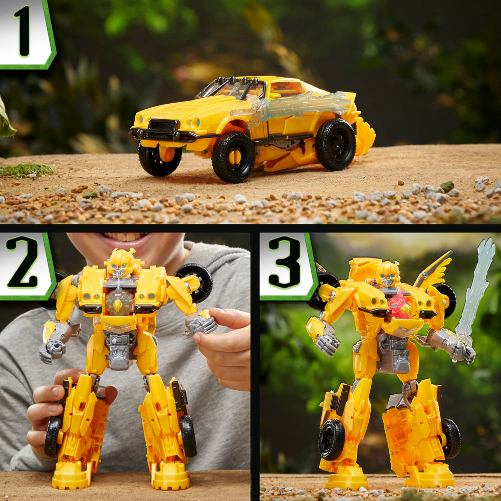 Transformers Beast-Mode Bumblebee ten-inch figure stands securely for display and posing.