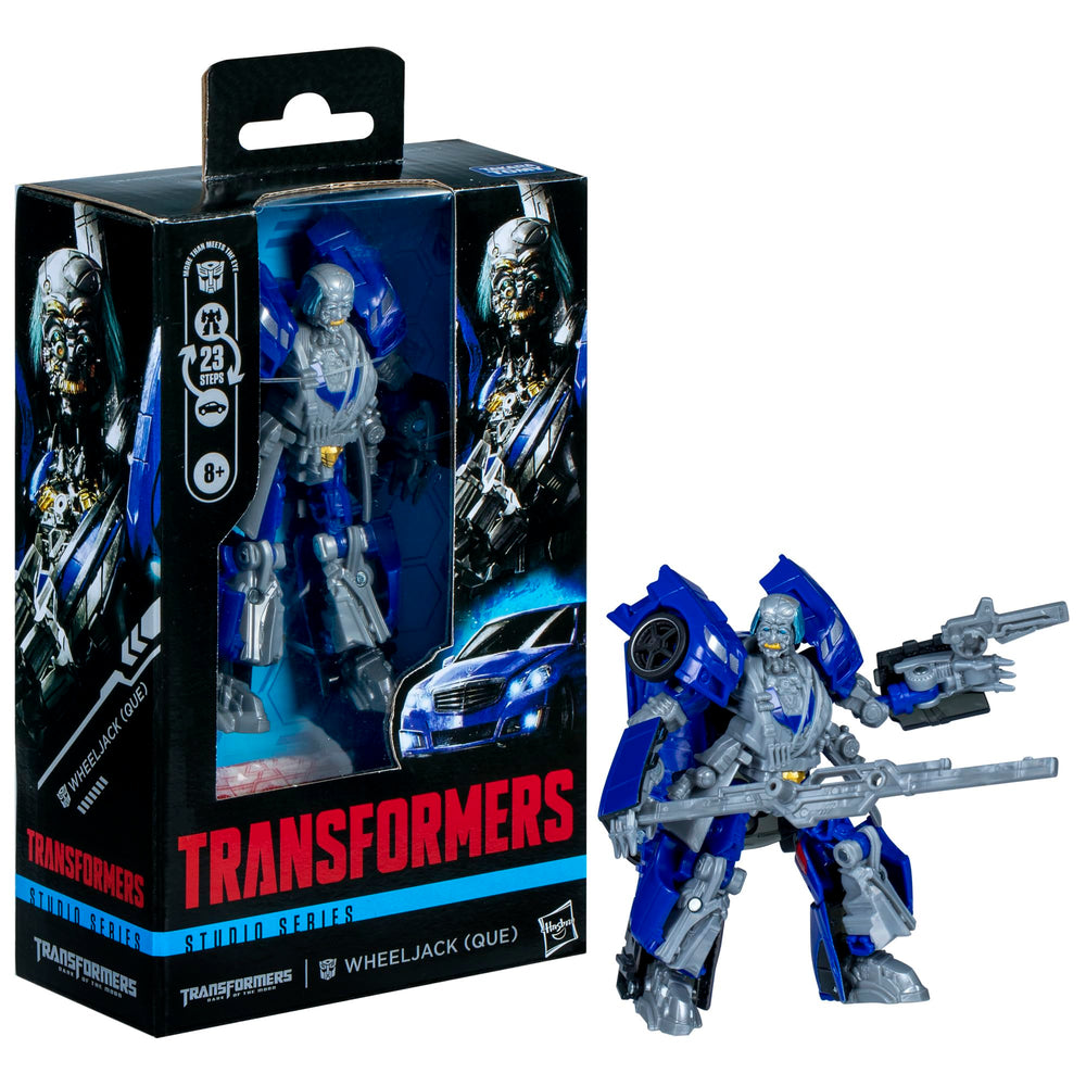 Transformers Wheeljack Que with blaster accessory for authentic play and display.