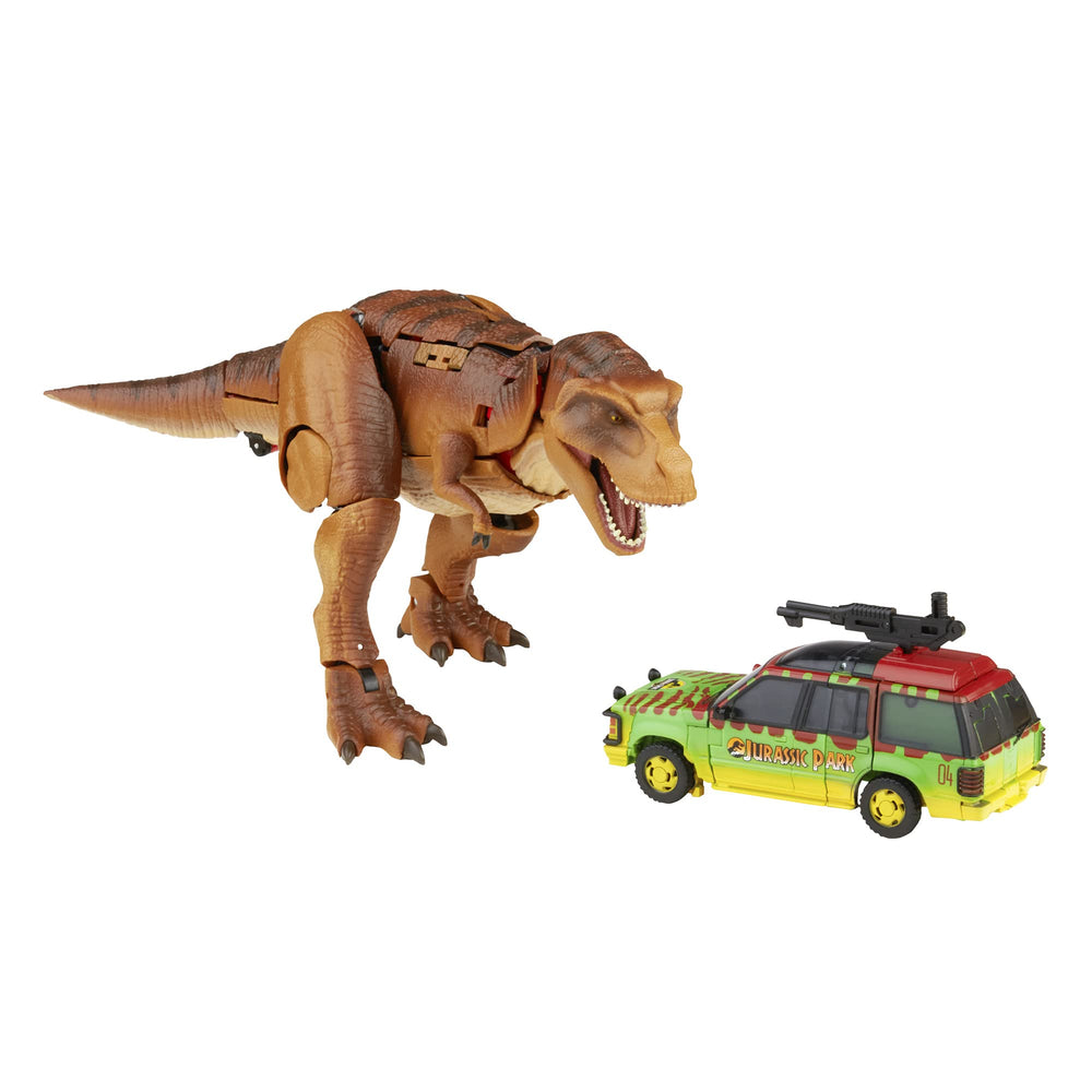 Transformers Tyrannocon Rex in dino mode with Jurassic Park deco for display.