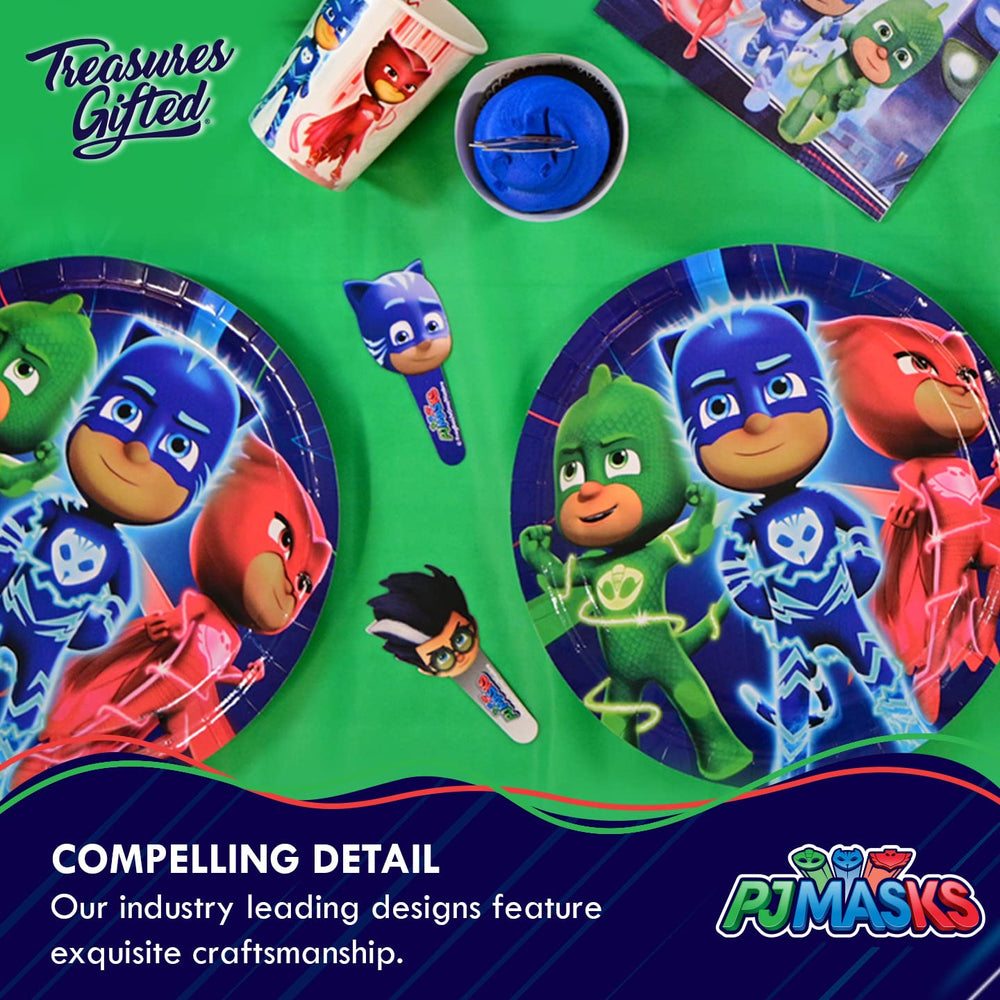 Treasures Gifted PJ Masks plastic tablecloth resists spills for easy cleanup.