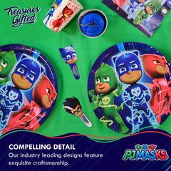 Treasures Gifted PJ Masks plastic tablecloth resists spills for easy cleanup.