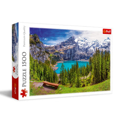 Trefl Lake Oeschinen 1500-piece puzzle, immersive alpine scene for family puzzle nights and mindful focus
