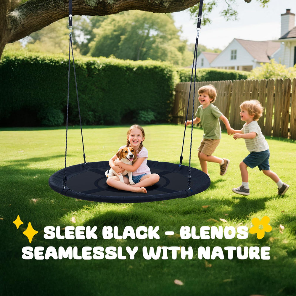 Trekassy family enjoys a large round swing for shared backyard moments.