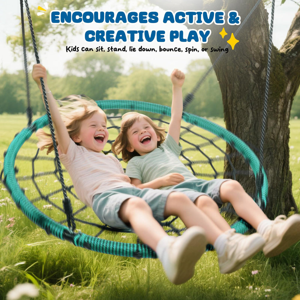 Trekassy green round swing net outdoor invites kids and adults to enjoy moments outside.