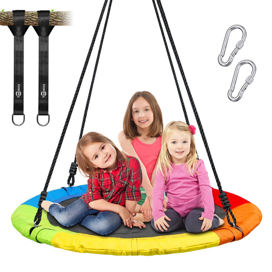 Trekassy saucer swing 40in frame enables sturdy outdoor family fun.