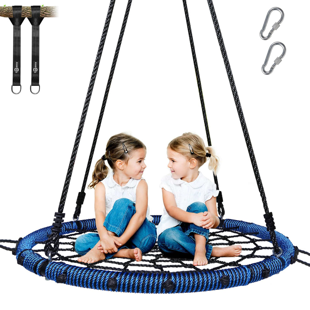 Trekassy Spider Web Saucer Swing blue with 40-inch frame for family backyard fun.