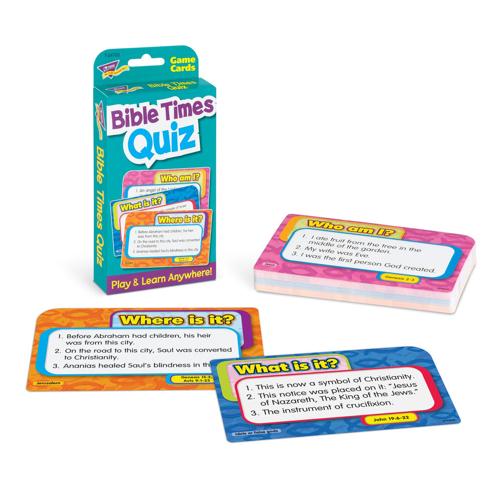 Trend Enterprises Bible Times Quiz Challenge Cards back side reveals answers for self-check and discussion.