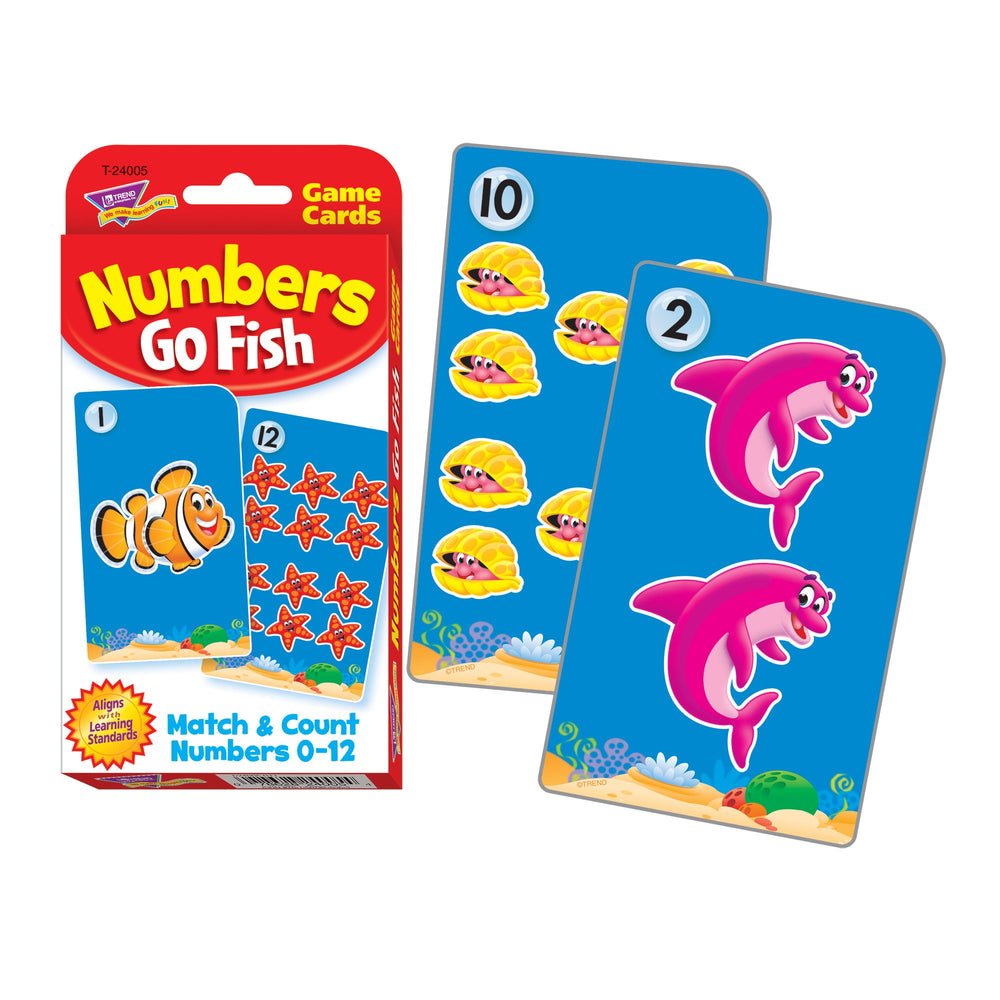 Trend Enterprises Numbers Go Fish Challenge Cards game layout with grouped objects for 0-12 counting