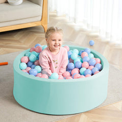 TrendBox memory foam ball pit in light blue blends with living room decor.
