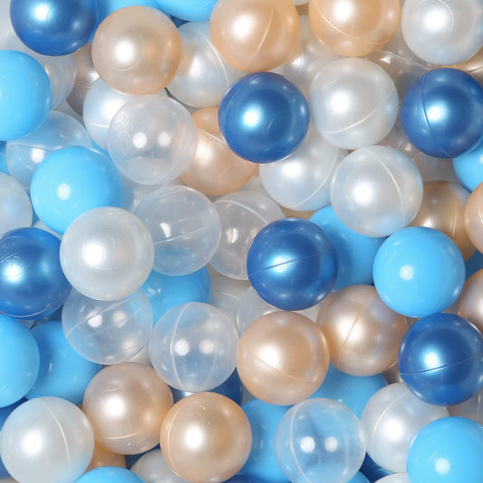 TrendPlay 100-pack ball pit balls in blue, gold and clear for safe, colorful play.