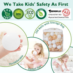 Durable TRENDPLAY balls made from safe plastic with 2.17 inch diameter.