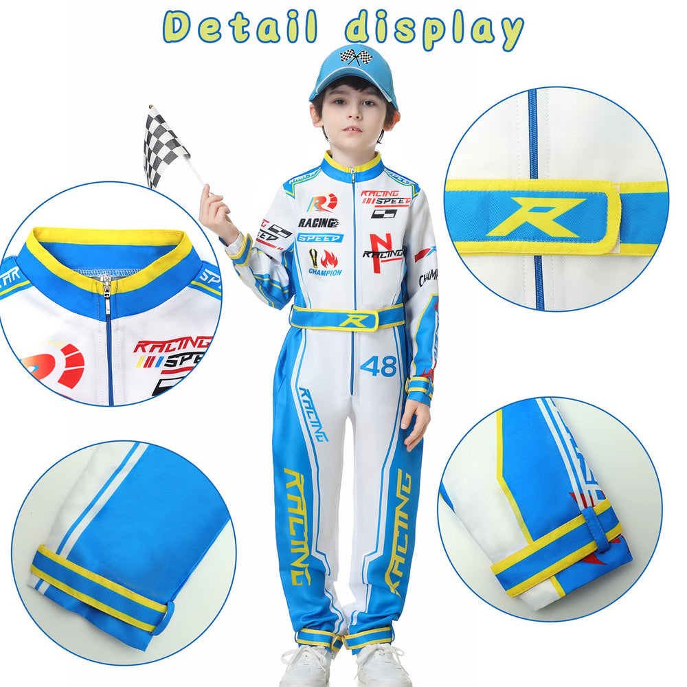 Treyrea logo design on jumpsuit highlights racing style.