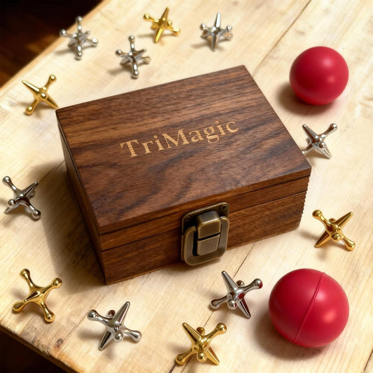 TriMagic metal jacks in a wooden gift box for secure retro storage