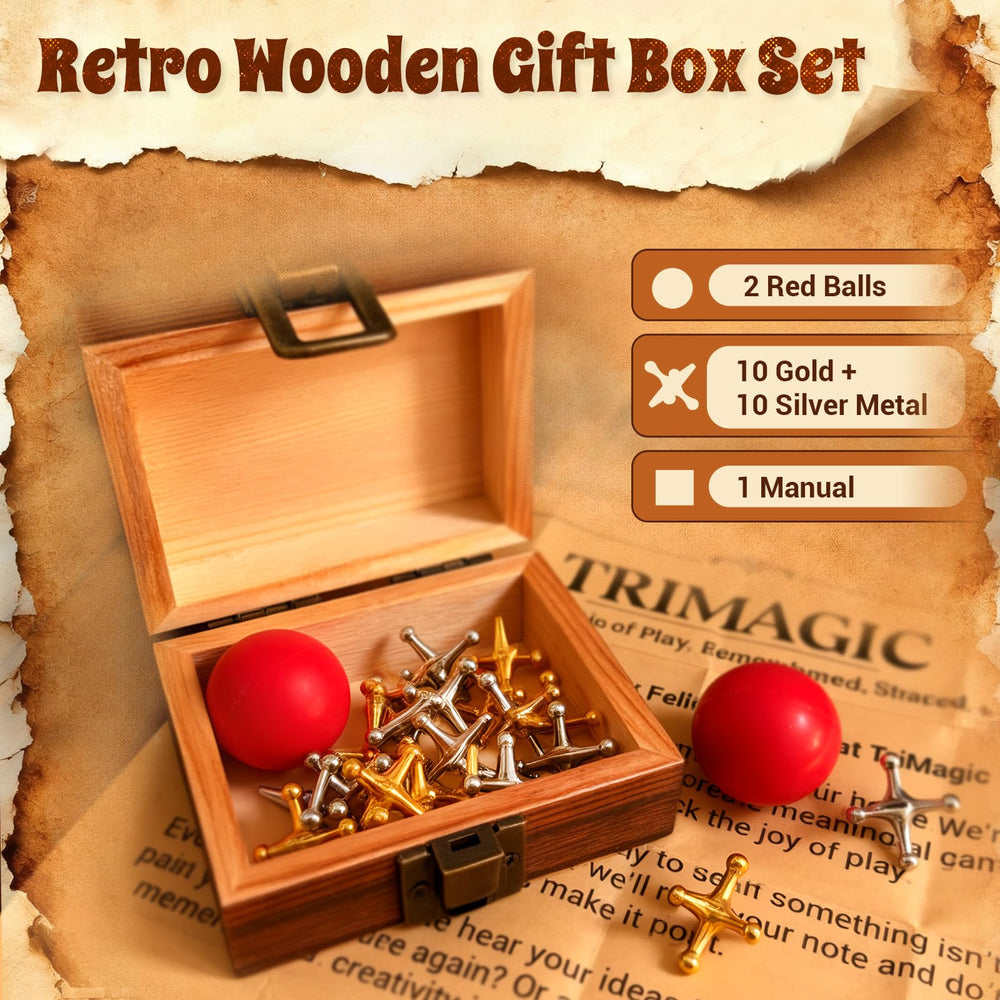 Gold and silver jacks with a red ball ready for quick family play