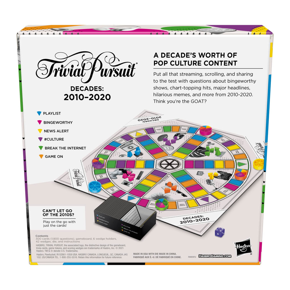 Trivial Pursuit Decades box and cards for portable game nights