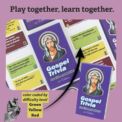 Trivioso kid-friendly challenge cards spread for accessible Bible trivia.